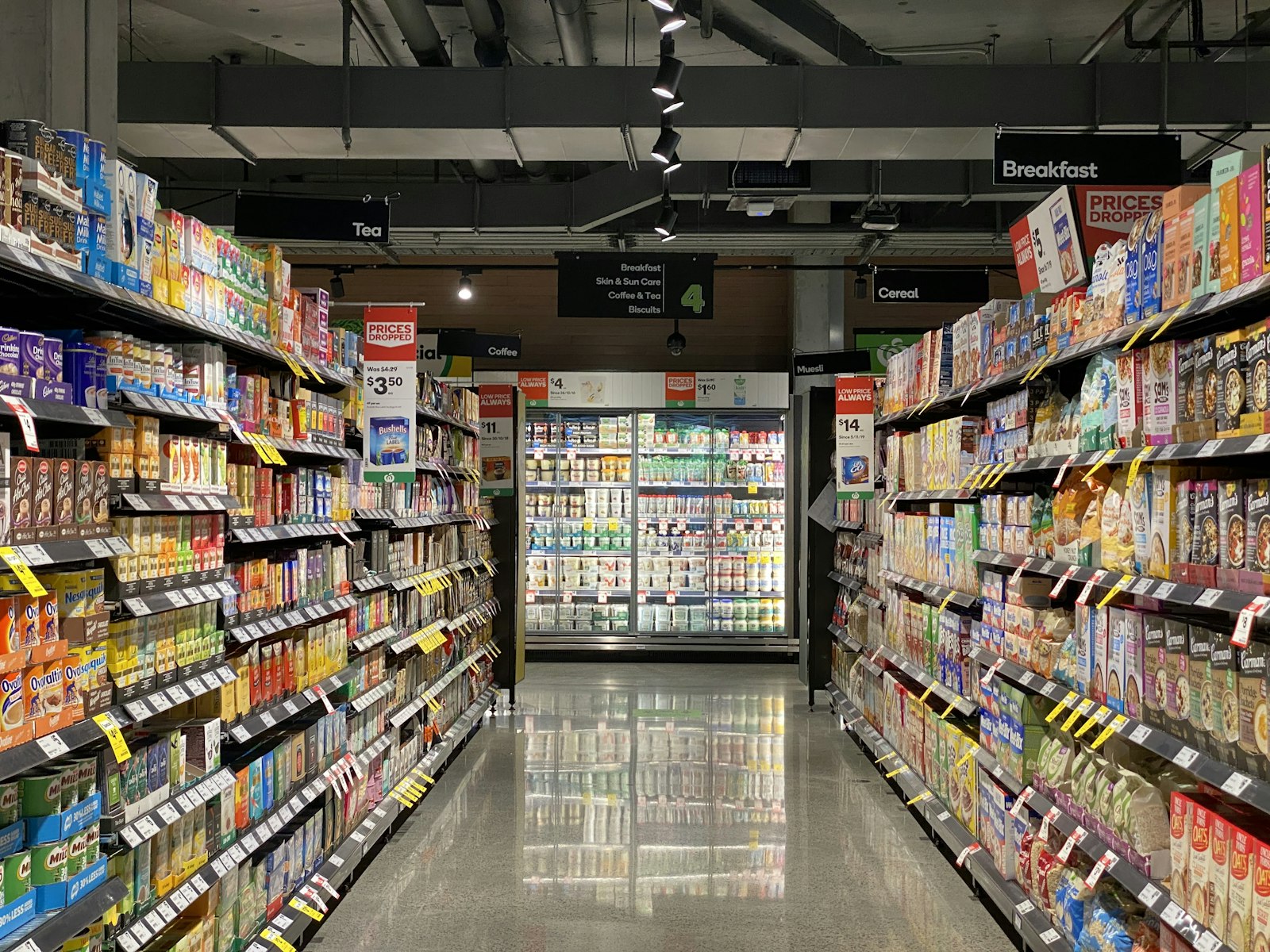 Well-stocked grocery store aisle